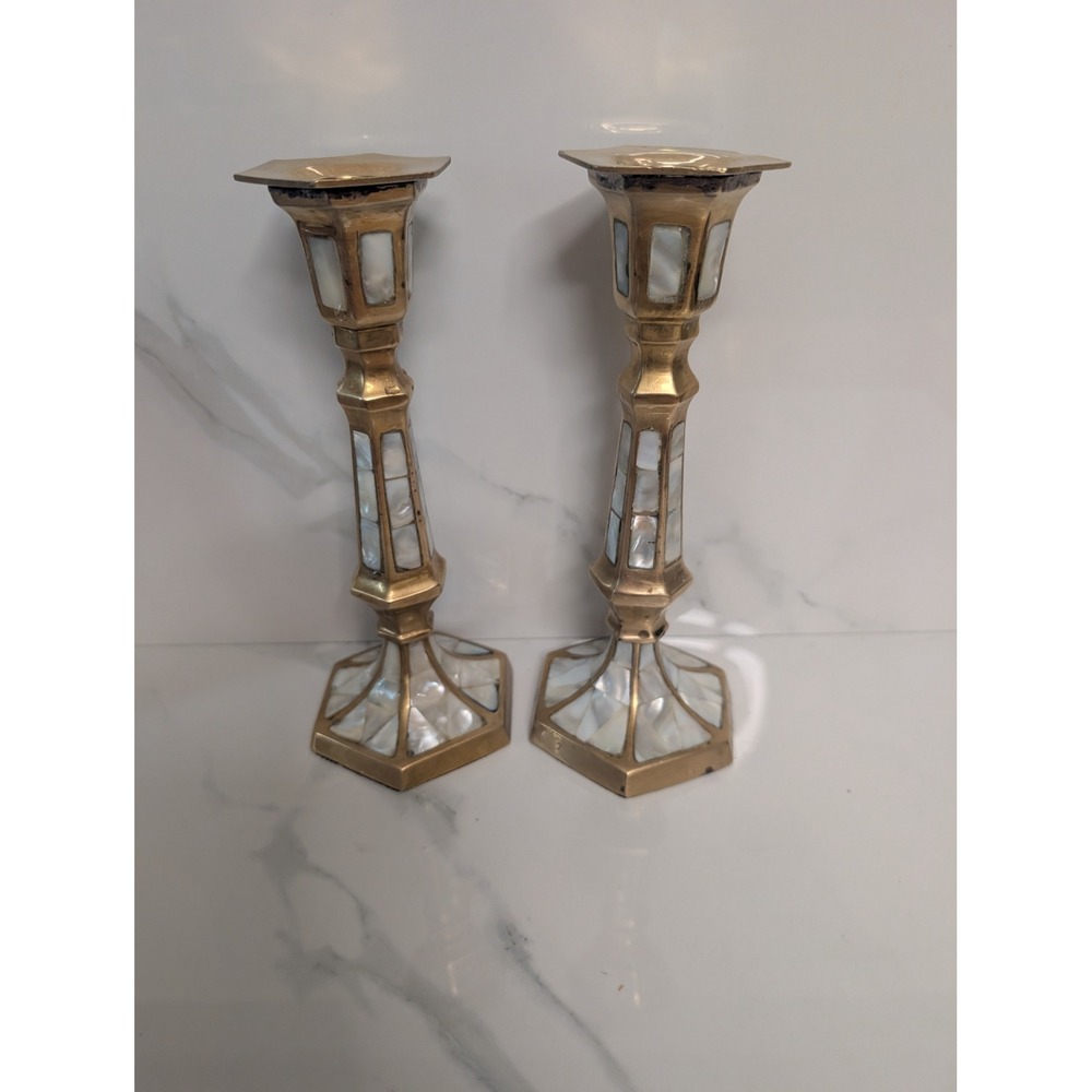 Vintage Brass Mother of Pearl Inlay Candlestick Holders Set of 2 Made in India